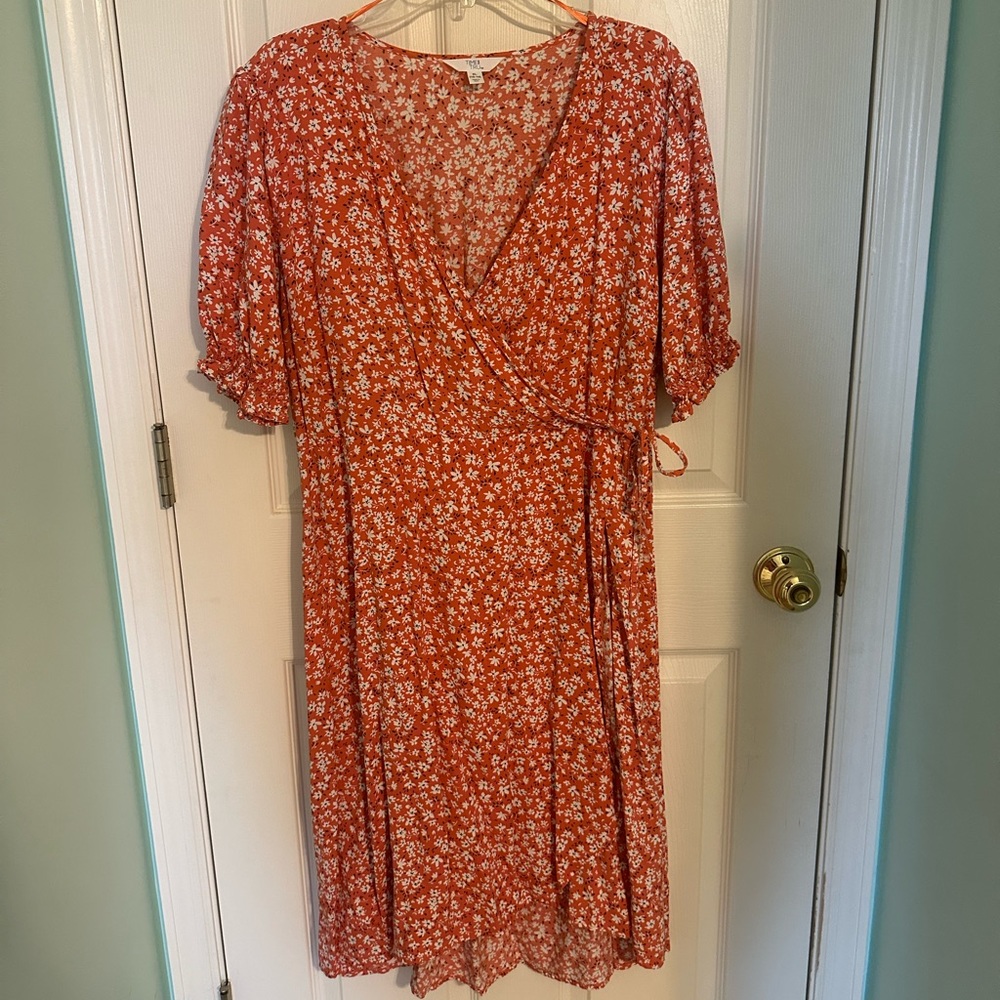 Orange Floral Faux Wrap Dress